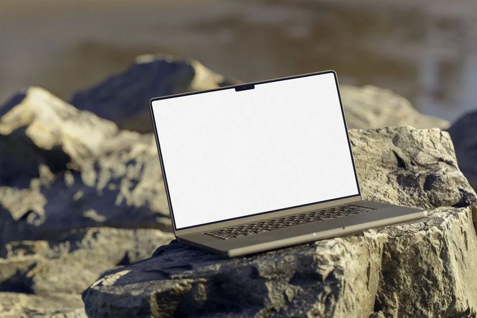 Une personne utilise un ordinateur portable pour parcourir des sites de photos stock. Travail de freelance dans un cadre chaleureux.